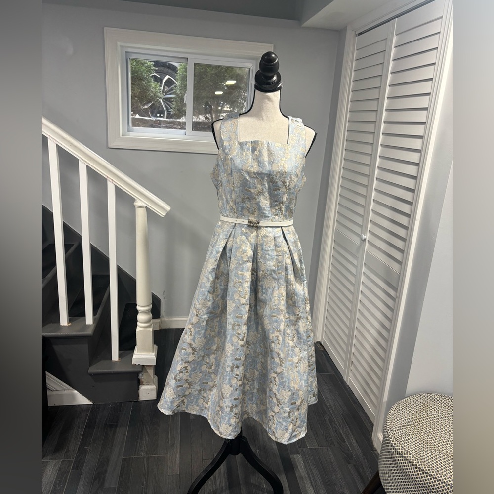 OUDIEYI Elegant Blue and Gold Dress, SIZE, M